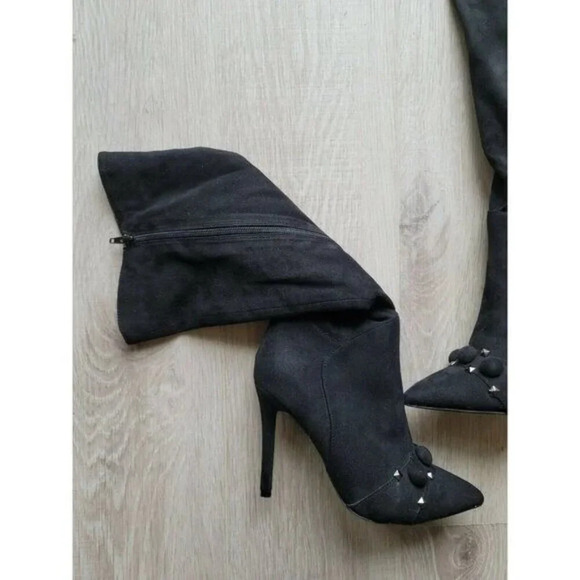 Yoki Black Faux Suede Sock Knee High Pointed Toe Studded High Heel Boots 8 - Picture 5 of 10